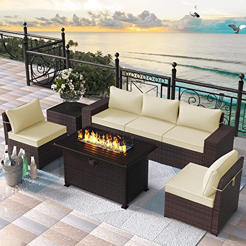 RTDTD Outdoor Patio Furniture Set with Propane Fire Pit Table, 13 Pieces Outdoor Furniture Patio Sectional Sofa Conversation Sets w/ETL Approved 43" Gas Outdoor Fire Table & Coffee Table (Brown)