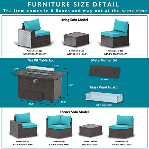 ASJMR Outdoor Patio Furniture Set with Fire Pit Table, 13 Pieces Outdoor Furniture Set Patio Sectional Sofa w/43in Propane Fire Pit, PE Wicker Rattan Patio Conversation Sets - Grey