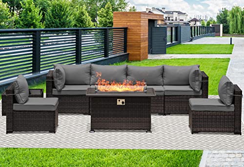 RTDTD Outdoor Patio Furniture Set with Propane Fire Pit Table, 13 Pieces Outdoor Furniture Patio Sectional Sofa Conversation Sets w/ETL Approved 43" Gas Outdoor Fire Table & Coffee Table (Brown)