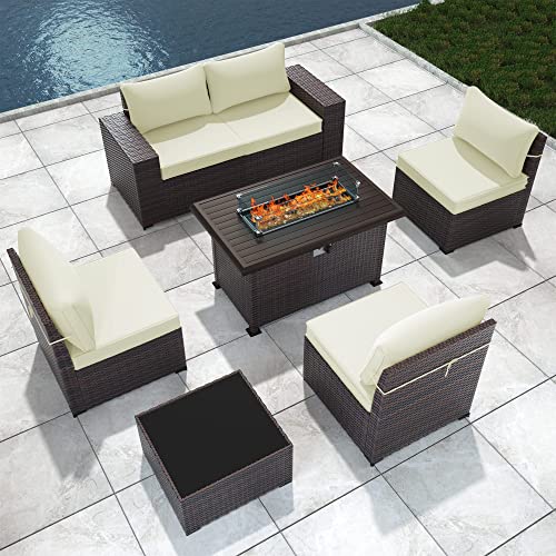 ASJMR Outdoor Patio Furniture Set with Fire Pit Table, 13 Pieces Outdoor Furniture Set Patio Sectional Sofa w/43in Propane Fire Pit, PE Wicker Rattan Patio Conversation Sets - Grey