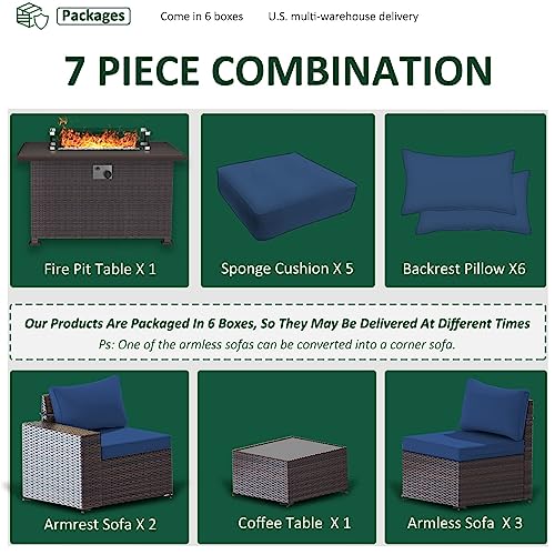 RTDTD Outdoor Patio Furniture Set with Propane Fire Pit Table, 13 Pieces Outdoor Furniture Patio Sectional Sofa Conversation Sets w/ETL Approved 43" Gas Outdoor Fire Table & Coffee Table (Brown)