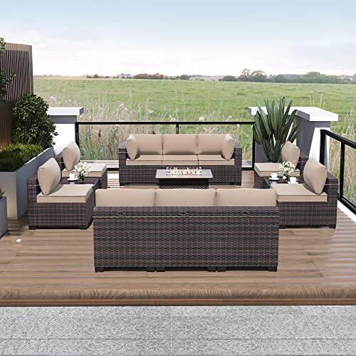 ASJMR Outdoor Patio Furniture Set with Fire Pit Table, 13 Pieces Outdoor Furniture Set Patio Sectional Sofa w/43in Propane Fire Pit, PE Wicker Rattan Patio Conversation Sets - Grey