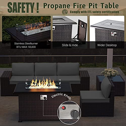 RTDTD Outdoor Patio Furniture Set with Propane Fire Pit Table, 13 Pieces Outdoor Furniture Patio Sectional Sofa Conversation Sets w/ETL Approved 43" Gas Outdoor Fire Table & Coffee Table (Brown)