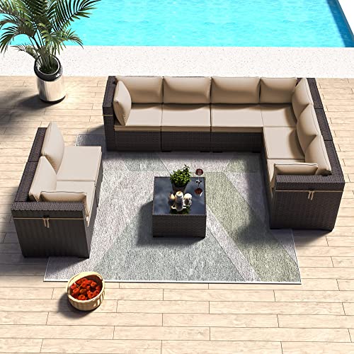 ASJMR Outdoor Patio Furniture Set with Fire Pit Table, 13 Pieces Outdoor Furniture Set Patio Sectional Sofa w/43in Propane Fire Pit, PE Wicker Rattan Patio Conversation Sets - Grey