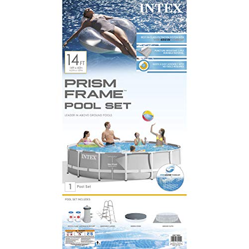 Intex 15 Foot x 42 Inch Prism Frame Above Ground Outdoor Backyard Swimming Pool Set with 1000 GPH Filter Pump, Ladder, and Secure Pool Cover, Gray