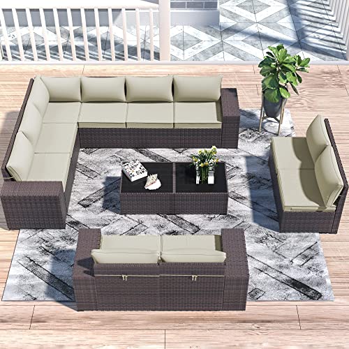 ASJMR Outdoor Patio Furniture Set with Fire Pit Table, 13 Pieces Outdoor Furniture Set Patio Sectional Sofa w/43in Propane Fire Pit, PE Wicker Rattan Patio Conversation Sets - Grey