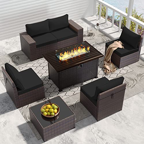 RTDTD Outdoor Patio Furniture Set with Propane Fire Pit Table, 13 Pieces Outdoor Furniture Patio Sectional Sofa Conversation Sets w/ETL Approved 43" Gas Outdoor Fire Table & Coffee Table (Brown)