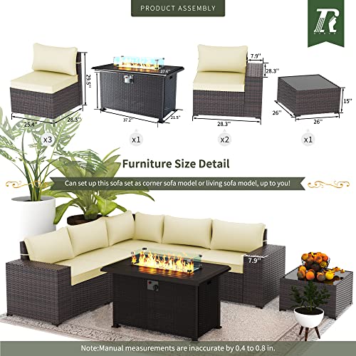 RTDTD Outdoor Patio Furniture Set with Propane Fire Pit Table, 13 Pieces Outdoor Furniture Patio Sectional Sofa Conversation Sets w/ETL Approved 43" Gas Outdoor Fire Table & Coffee Table (Brown)