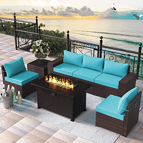 RTDTD Outdoor Patio Furniture Set with Propane Fire Pit Table, 13 Pieces Outdoor Furniture Patio Sectional Sofa Conversation Sets w/ETL Approved 43" Gas Outdoor Fire Table & Coffee Table (Brown)