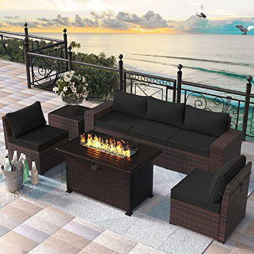 RTDTD Outdoor Patio Furniture Set with Propane Fire Pit Table, 13 Pieces Outdoor Furniture Patio Sectional Sofa Conversation Sets w/ETL Approved 43" Gas Outdoor Fire Table & Coffee Table (Brown)