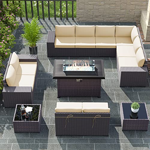 RTDTD Outdoor Patio Furniture Set with Propane Fire Pit Table, 13 Pieces Outdoor Furniture Patio Sectional Sofa Conversation Sets w/ETL Approved 43" Gas Outdoor Fire Table & Coffee Table (Brown)