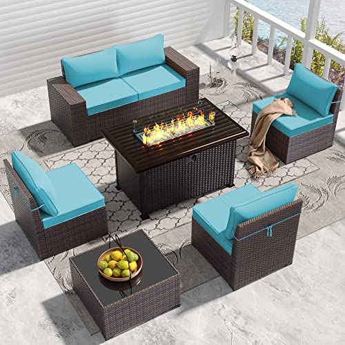 RTDTD Outdoor Patio Furniture Set with Propane Fire Pit Table, 13 Pieces Outdoor Furniture Patio Sectional Sofa Conversation Sets w/ETL Approved 43" Gas Outdoor Fire Table & Coffee Table (Brown)