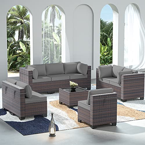 ASJMR Outdoor Patio Furniture Set with Fire Pit Table, 13 Pieces Outdoor Furniture Set Patio Sectional Sofa w/43in Propane Fire Pit, PE Wicker Rattan Patio Conversation Sets - Grey