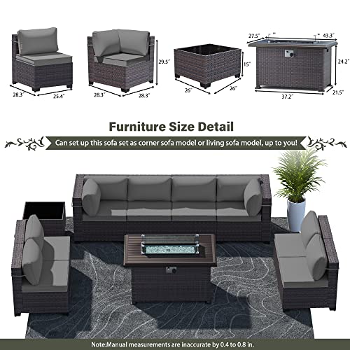 RTDTD Outdoor Patio Furniture Set with Propane Fire Pit Table, 13 Pieces Outdoor Furniture Patio Sectional Sofa Conversation Sets w/ETL Approved 43" Gas Outdoor Fire Table & Coffee Table (Brown)