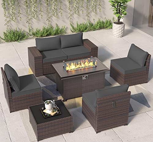 ASJMR Outdoor Patio Furniture Set with Fire Pit Table, 13 Pieces Outdoor Furniture Set Patio Sectional Sofa w/43in Propane Fire Pit, PE Wicker Rattan Patio Conversation Sets - Grey