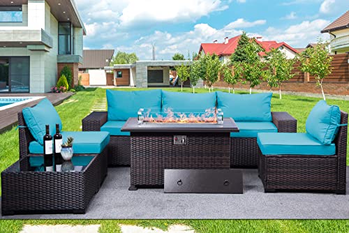 RTDTD Outdoor Patio Furniture Set with Propane Fire Pit Table, 13 Pieces Outdoor Furniture Patio Sectional Sofa Conversation Sets w/ETL Approved 43" Gas Outdoor Fire Table & Coffee Table (Brown)