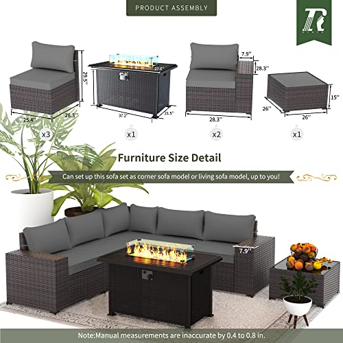 RTDTD Outdoor Patio Furniture Set with Propane Fire Pit Table, 13 Pieces Outdoor Furniture Patio Sectional Sofa Conversation Sets w/ETL Approved 43" Gas Outdoor Fire Table & Coffee Table (Brown)