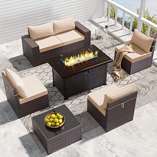 RTDTD Outdoor Patio Furniture Set with Propane Fire Pit Table, 13 Pieces Outdoor Furniture Patio Sectional Sofa Conversation Sets w/ETL Approved 43" Gas Outdoor Fire Table & Coffee Table (Brown)