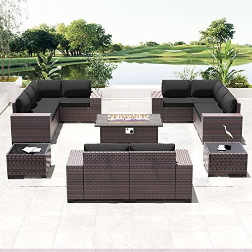RTDTD Outdoor Patio Furniture Set with Propane Fire Pit Table, 13 Pieces Outdoor Furniture Patio Sectional Sofa Conversation Sets w/ETL Approved 43" Gas Outdoor Fire Table & Coffee Table (Brown)