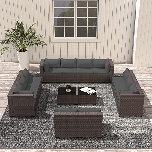 ASJMR Outdoor Patio Furniture Set with Fire Pit Table, 13 Pieces Outdoor Furniture Set Patio Sectional Sofa w/43in Propane Fire Pit, PE Wicker Rattan Patio Conversation Sets - Grey