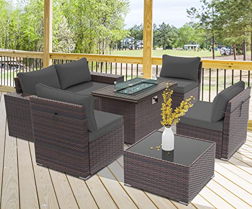 RTDTD Outdoor Patio Furniture Set with Propane Fire Pit Table, 13 Pieces Outdoor Furniture Patio Sectional Sofa Conversation Sets w/ETL Approved 43" Gas Outdoor Fire Table & Coffee Table (Brown)