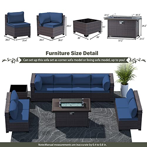 RTDTD Outdoor Patio Furniture Set with Propane Fire Pit Table, 13 Pieces Outdoor Furniture Patio Sectional Sofa Conversation Sets w/ETL Approved 43" Gas Outdoor Fire Table & Coffee Table (Brown)