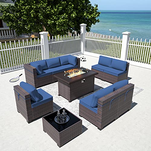 RTDTD Outdoor Patio Furniture Set with Propane Fire Pit Table, 13 Pieces Outdoor Furniture Patio Sectional Sofa Conversation Sets w/ETL Approved 43" Gas Outdoor Fire Table & Coffee Table (Brown)