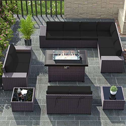 RTDTD Outdoor Patio Furniture Set with Propane Fire Pit Table, 13 Pieces Outdoor Furniture Patio Sectional Sofa Conversation Sets w/ETL Approved 43" Gas Outdoor Fire Table & Coffee Table (Brown)