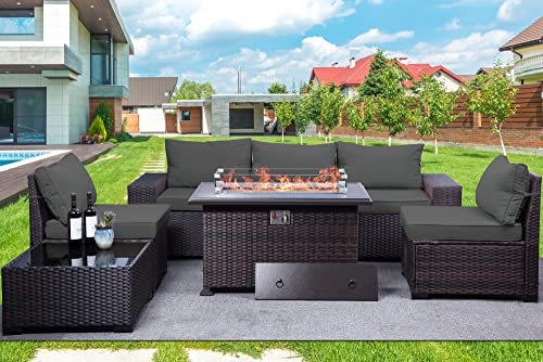 RTDTD Outdoor Patio Furniture Set with Propane Fire Pit Table, 13 Pieces Outdoor Furniture Patio Sectional Sofa Conversation Sets w/ETL Approved 43" Gas Outdoor Fire Table & Coffee Table (Brown)