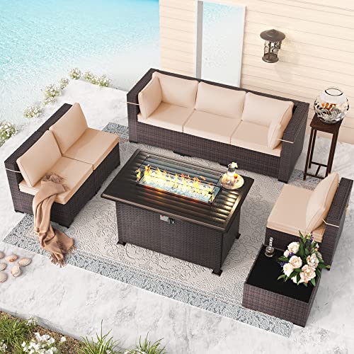RTDTD Outdoor Patio Furniture Set with Propane Fire Pit Table, 13 Pieces Outdoor Furniture Patio Sectional Sofa Conversation Sets w/ETL Approved 43" Gas Outdoor Fire Table & Coffee Table (Brown)