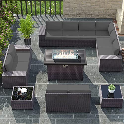 RTDTD Outdoor Patio Furniture Set with Propane Fire Pit Table, 13 Pieces Outdoor Furniture Patio Sectional Sofa Conversation Sets w/ETL Approved 43" Gas Outdoor Fire Table & Coffee Table (Brown)