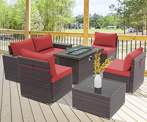 RTDTD Outdoor Patio Furniture Set with Propane Fire Pit Table, 13 Pieces Outdoor Furniture Patio Sectional Sofa Conversation Sets w/ETL Approved 43" Gas Outdoor Fire Table & Coffee Table (Brown)