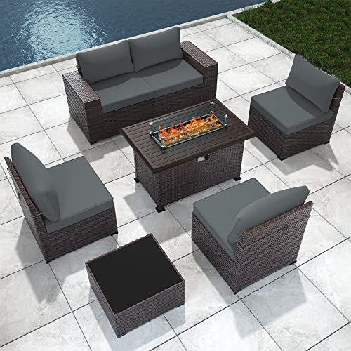 ASJMR Outdoor Patio Furniture Set with Fire Pit Table, 13 Pieces Outdoor Furniture Set Patio Sectional Sofa w/43in Propane Fire Pit, PE Wicker Rattan Patio Conversation Sets - Grey