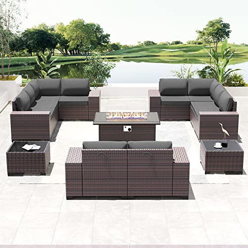 RTDTD Outdoor Patio Furniture Set with Propane Fire Pit Table, 13 Pieces Outdoor Furniture Patio Sectional Sofa Conversation Sets w/ETL Approved 43" Gas Outdoor Fire Table & Coffee Table (Brown)