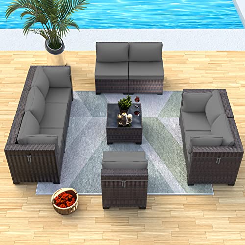 ASJMR Outdoor Patio Furniture Set with Fire Pit Table, 13 Pieces Outdoor Furniture Set Patio Sectional Sofa w/43in Propane Fire Pit, PE Wicker Rattan Patio Conversation Sets - Grey