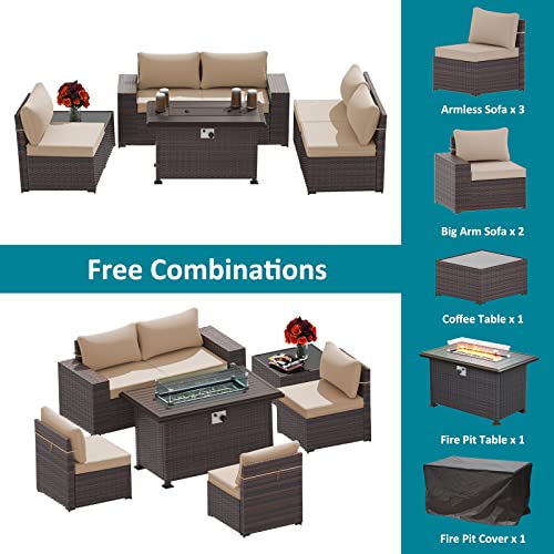 ASJMR Outdoor Patio Furniture Set with Fire Pit Table, 13 Pieces Outdoor Furniture Set Patio Sectional Sofa w/43in Propane Fire Pit, PE Wicker Rattan Patio Conversation Sets - Grey