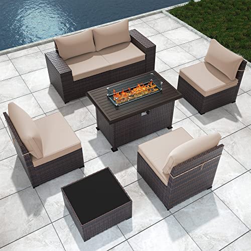 ASJMR Outdoor Patio Furniture Set with Fire Pit Table, 13 Pieces Outdoor Furniture Set Patio Sectional Sofa w/43in Propane Fire Pit, PE Wicker Rattan Patio Conversation Sets - Grey
