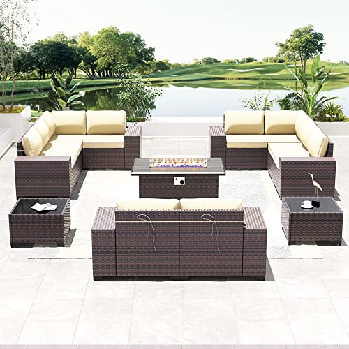 RTDTD Outdoor Patio Furniture Set with Propane Fire Pit Table, 13 Pieces Outdoor Furniture Patio Sectional Sofa Conversation Sets w/ETL Approved 43" Gas Outdoor Fire Table & Coffee Table (Brown)