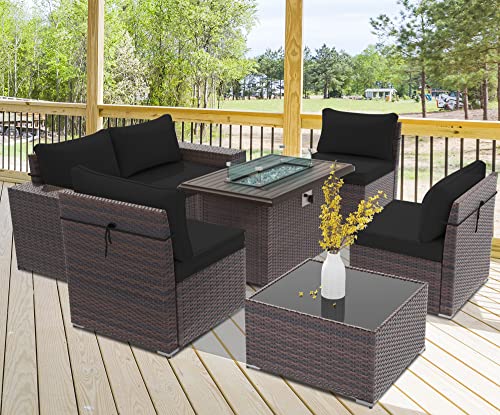 RTDTD Outdoor Patio Furniture Set with Propane Fire Pit Table, 13 Pieces Outdoor Furniture Patio Sectional Sofa Conversation Sets w/ETL Approved 43" Gas Outdoor Fire Table & Coffee Table (Brown)