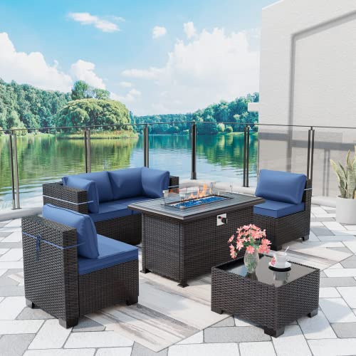 ASJMR Outdoor Patio Furniture Set with Fire Pit Table, 13 Pieces Outdoor Furniture Set Patio Sectional Sofa w/43in Propane Fire Pit, PE Wicker Rattan Patio Conversation Sets - Grey