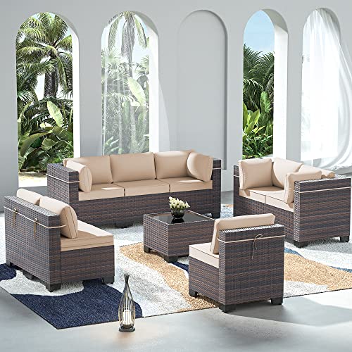 ASJMR Outdoor Patio Furniture Set with Fire Pit Table, 13 Pieces Outdoor Furniture Set Patio Sectional Sofa w/43in Propane Fire Pit, PE Wicker Rattan Patio Conversation Sets - Grey