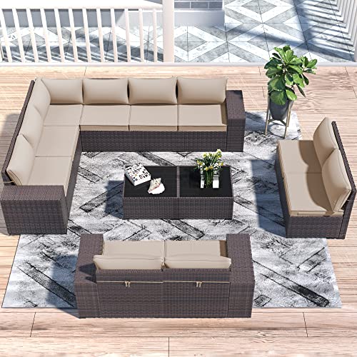 ASJMR Outdoor Patio Furniture Set with Fire Pit Table, 13 Pieces Outdoor Furniture Set Patio Sectional Sofa w/43in Propane Fire Pit, PE Wicker Rattan Patio Conversation Sets - Grey
