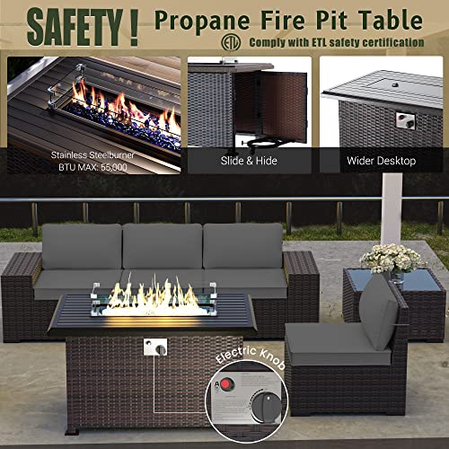 RTDTD Outdoor Patio Furniture Set with Propane Fire Pit Table, 13 Pieces Outdoor Furniture Patio Sectional Sofa Conversation Sets w/ETL Approved 43" Gas Outdoor Fire Table & Coffee Table (Brown)