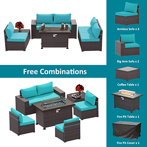 ASJMR Outdoor Patio Furniture Set with Fire Pit Table, 13 Pieces Outdoor Furniture Set Patio Sectional Sofa w/43in Propane Fire Pit, PE Wicker Rattan Patio Conversation Sets - Grey