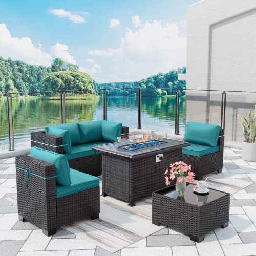ASJMR Outdoor Patio Furniture Set with Fire Pit Table, 13 Pieces Outdoor Furniture Set Patio Sectional Sofa w/43in Propane Fire Pit, PE Wicker Rattan Patio Conversation Sets - Grey