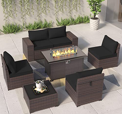 ASJMR Outdoor Patio Furniture Set with Fire Pit Table, 13 Pieces Outdoor Furniture Set Patio Sectional Sofa w/43in Propane Fire Pit, PE Wicker Rattan Patio Conversation Sets - Grey