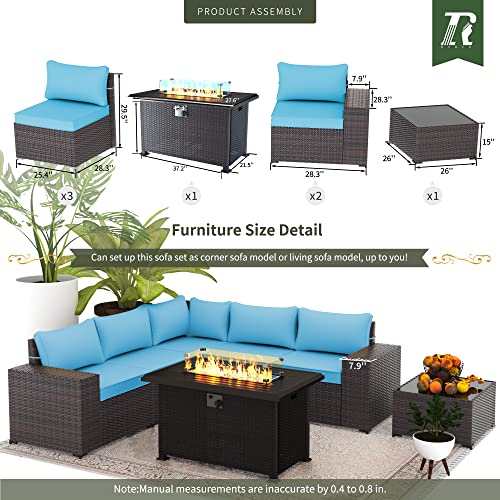 RTDTD Outdoor Patio Furniture Set with Propane Fire Pit Table, 13 Pieces Outdoor Furniture Patio Sectional Sofa Conversation Sets w/ETL Approved 43" Gas Outdoor Fire Table & Coffee Table (Brown)