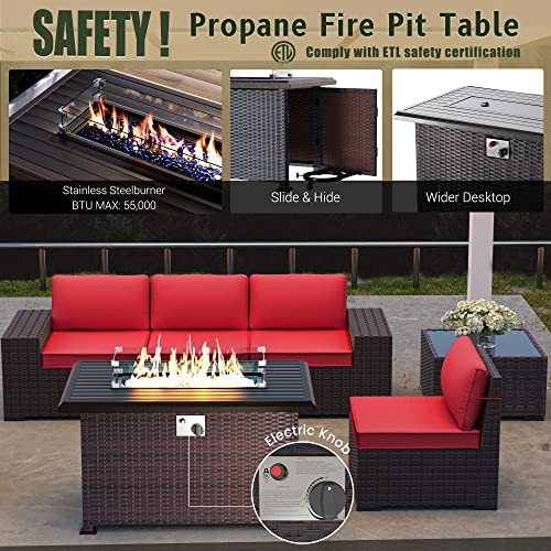 RTDTD Outdoor Patio Furniture Set with Propane Fire Pit Table, 13 Pieces Outdoor Furniture Patio Sectional Sofa Conversation Sets w/ETL Approved 43" Gas Outdoor Fire Table & Coffee Table (Brown)