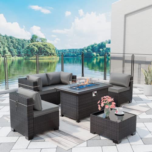 ASJMR Outdoor Patio Furniture Set with Fire Pit Table, 13 Pieces Outdoor Furniture Set Patio Sectional Sofa w/43in Propane Fire Pit, PE Wicker Rattan Patio Conversation Sets - Grey