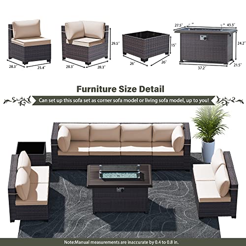 RTDTD Outdoor Patio Furniture Set with Propane Fire Pit Table, 13 Pieces Outdoor Furniture Patio Sectional Sofa Conversation Sets w/ETL Approved 43" Gas Outdoor Fire Table & Coffee Table (Brown)